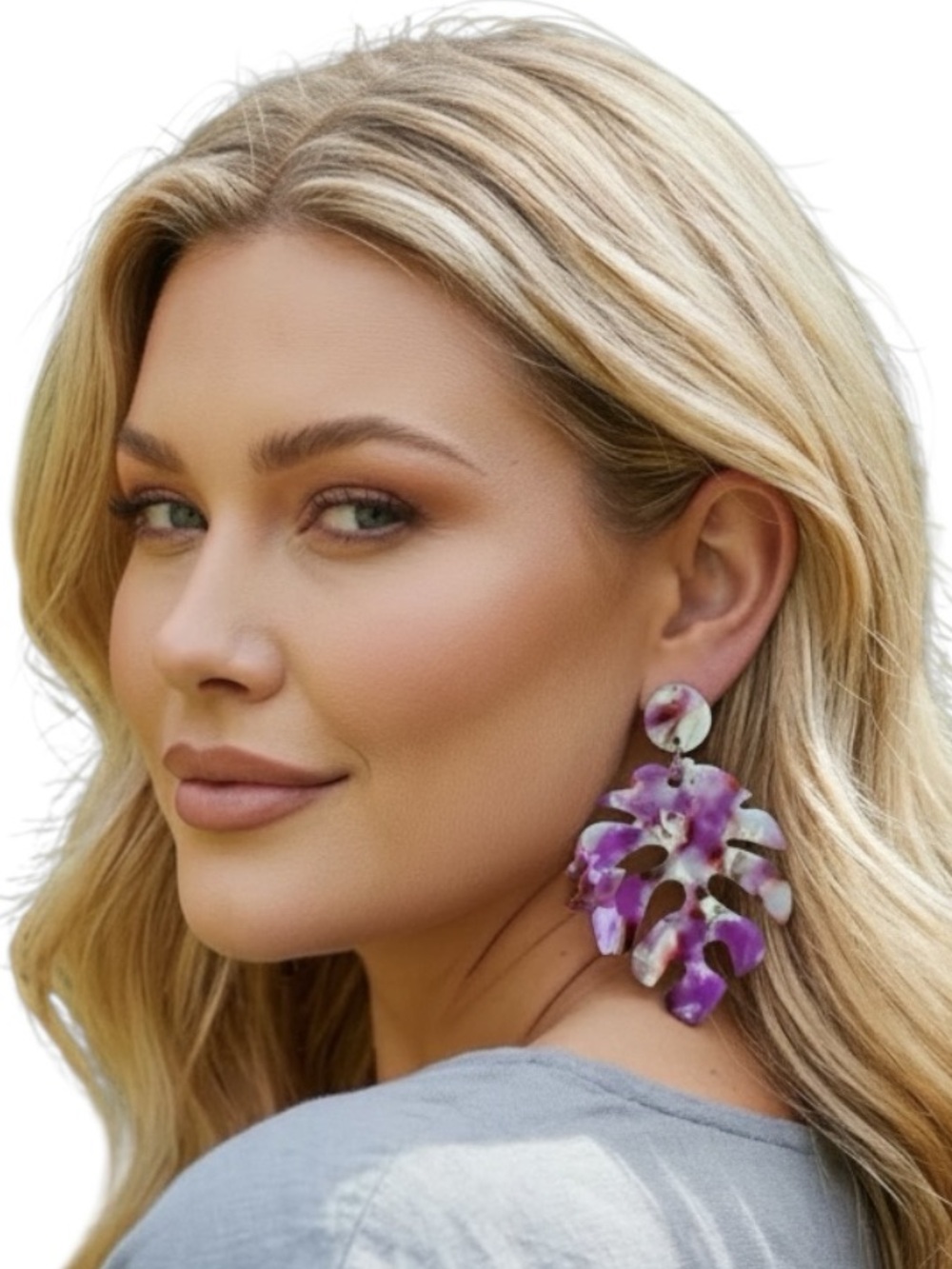 Purple Floral Statement Drop Earrings for Women